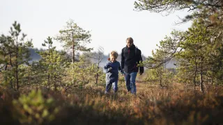 Aikuinen ja lapsi kävelevät metsässä.
