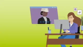 Kuvituskuva: Työntekijä tietokoneella kodinomaisessa ympäristössä toisen henkilön kuva heijastettuna seinälle 