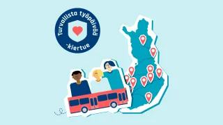 Kuvassa Suomen kartta, jossa pisteet kuvaavat kiertueen pysähdyspaikkoja ja edustalla bussi, jossa on kolme piirroshahmoa