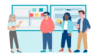 Joukko opettajia seisoo fläppitaulujen edessä piirroskuvassa. Kuvituksessa työskennellään oppaan harjoitusten parissa.