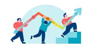 Kuvituskuva, jossa kolme hahmoa pitelee toipumisen vaiheita kuvastavaa nuolielementtiä. . 