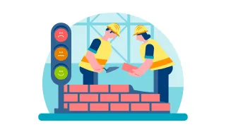 Kuvituskuva, jossa on kaksi rakennustyöntekijää ja liikennevalot. 