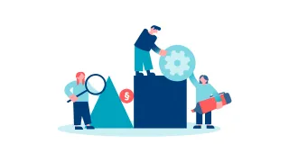 Kuvituskuva, jossa hahmot rakentavat erilaisista osista kokonaisuutta. 