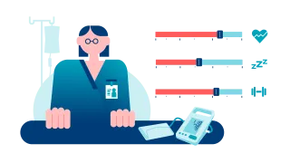 Kuvituskuva, jossa sote-alan työntekijä istuu pöydän äärellä. 