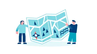 Kuvituskuva, jossa kaksi hahmoa pitelee isoa karttaa. 