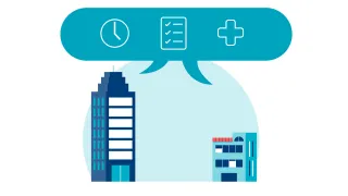 Kuvitus, jossa kahden erikokoisen työpaikan välillä on puhekupla. 