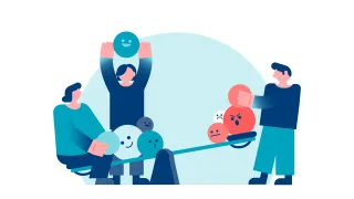 Kuvituskuva, jossa keinulaudan toisessa päässä voimavaroja ja toisessa kuormitustekijöitä. 