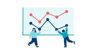 Kuvitus, jossa kaksi hahmoa ja työn merkitysten ja täyttymysten profiili. 