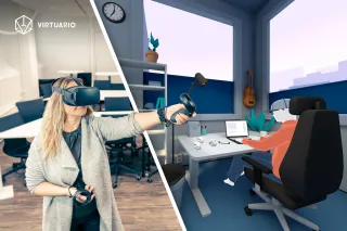 Nainen virtuaalilasit päässä ja näkymä toimistosta laseilla katsottuna.