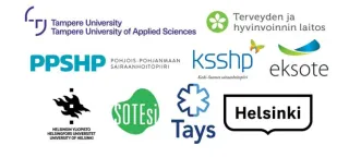 Yhteistyökumppaneiden logot: Tampereen yliopisto, THL, PPSHP, KSSHP, Eksote, Helsingin yliopisto, Sotesi, Tays, Helsingin kaupunki
