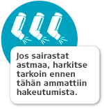 Todennäköisistä astmaoireista varoittava merkki, jossa kolme astmapiippua sinisen ympyrän keskellä.