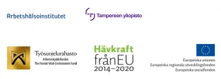 Logotyper för Arbetshälsoinstitutet, Tampereen yliopisto, Arbetarskyddsfonde, Hävkraft från EU 2014-2020 och Europeiska unionen: Europeiska regionala utvecklingsfonden: Europeiska socialfonden.