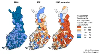 Väestöllinen huoltosuhde Suomessa 2000, 2021 ja 2040 (ennuste)