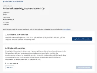 Skärmdump av ASA-servicesidan Ladda ner eller skicka ASA-anmälan.