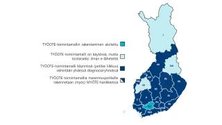 Suomen kartta, johon on merkitty ne maakunnat, joissa TYÖOTE-toimintamalli on käytössä tai sen käyttöönotto on valmistelussa. 