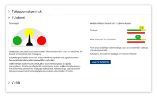 Näyttökuva siitä, miltä yksilön saama raportti näyttää. Kuvasta näkee, mikä oma tulos on ja miten omat vastaukset vertautuvat muiden vastauksiin
