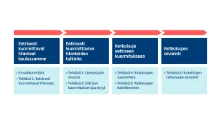 Kuviossa esitellään oppaan eteneminen ja osioihin liittyvät tehtävät. Yksityiskohtainen tieto löytyy leipätekstistä.