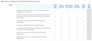 Olika påståenden relaterade till strategi och svarsalternativ.