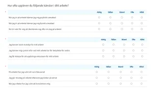 En enkät med påståenden gällande symtom på utbrändhet.