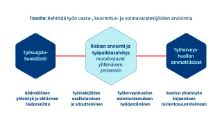 Toimintamalli kuvaa, miten työsuojeluhenkilöstön ja työterveyshuollon ammattilaisten yhteistyö tukee työn vaara-, kuormitus- ja voimavaratekijöiden arviointia.