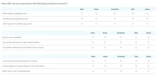 Claims about symptoms of burnout and response options for how often these symptoms are experienced.