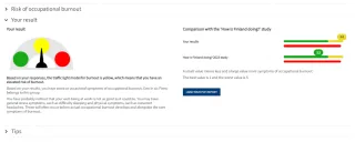 Individual results presented in words and an image with a meter and traffic light colors green, yellow and red. Also a comparison view with your own results and the How Finland is doing? results.