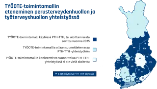 Työote-toimintamallin levinneisyys perusterveydenhuollossa joulukuussa 2025. Sisältö selitetty leipätekstissä.