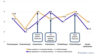 Yksilön esimerkkiprofiili, jossa osa-alueiden merkitys toisella kuvaajalla ja työn täyttymys toisella kuvaajalla, joiden väliin jäävä tila kuvaa yhteensopivuuden tilaa. Osa-alueita ovat  perustarpeet, uramenestys, osaaminen, itsenäisyys, yksilöllisyys, yhteisöllisyys ja hyvän tekeminen. 