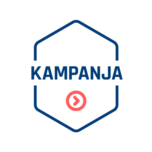 kuusiomuodon keskellä lukee kampanja, sen olla on oikealle osoittava yksinkertainen nuolikuvio 